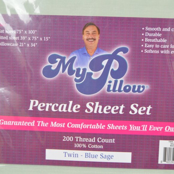 My Pillow Mypillow Percale 100% Cotton Sheet Set 200 Thread Twin Blue Sage NEW - Picture 4 of 7